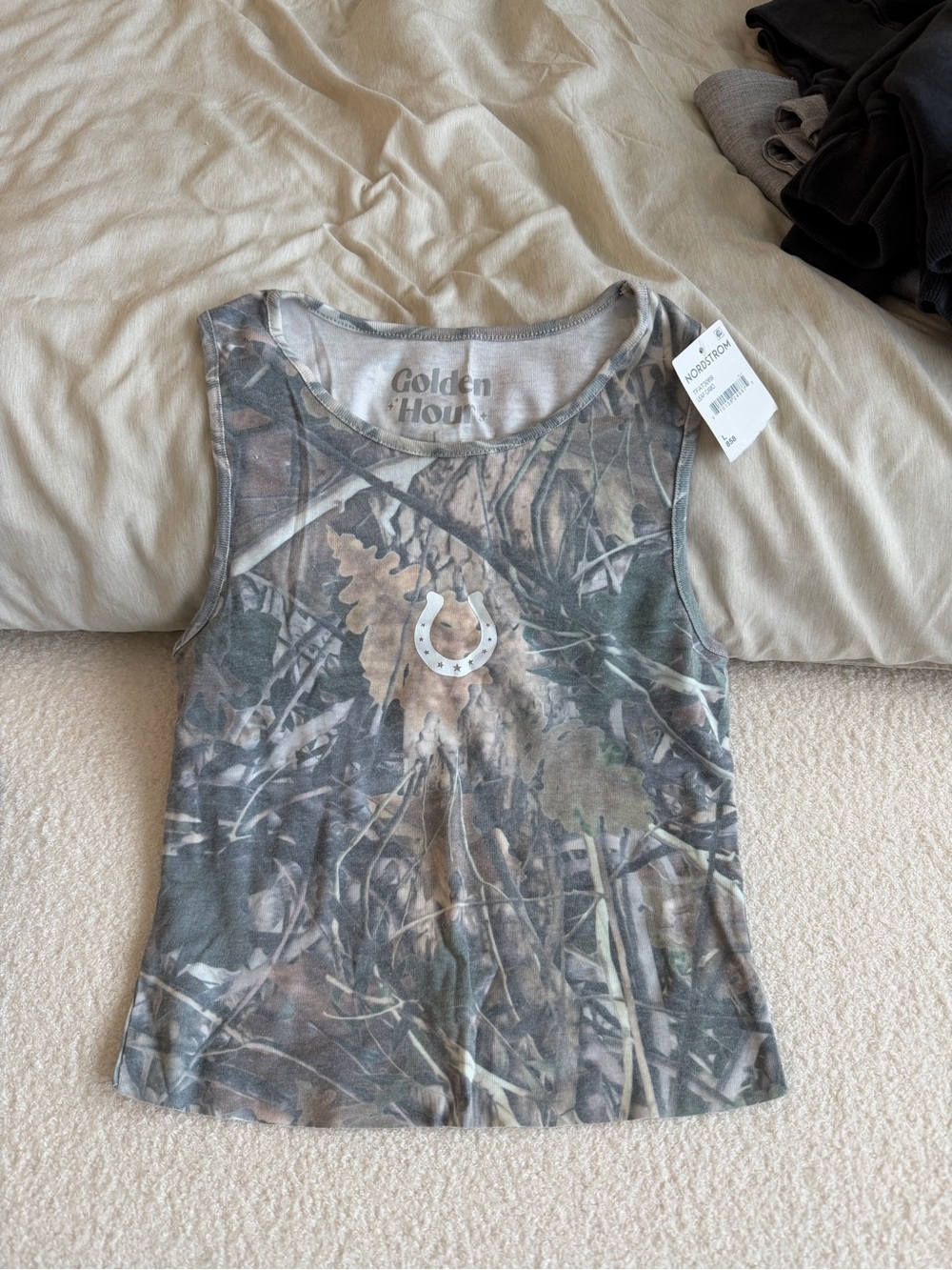 Camo Tank Top with Horseshoe Detail - Green/Brown